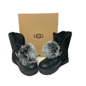 UGG Isley Waterproof Black Leather Treadlite Pom P